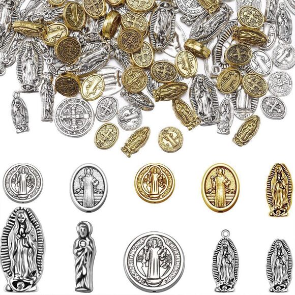 100 Pcs 10Styles Religious Spacer Beads Jesus Virgin Mary St. Benedict Medallio - Picture 1 of 4